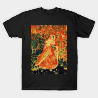 LADY WITH HAWK AMONG FLOWERS AND OAK LEAVES ,HARES, Orange Green Floral T-Shirt